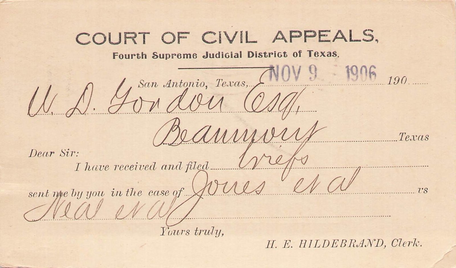 Court of Civil Appeals Texas Legal Case Jones vs Neal W D Gordon Postal 1906