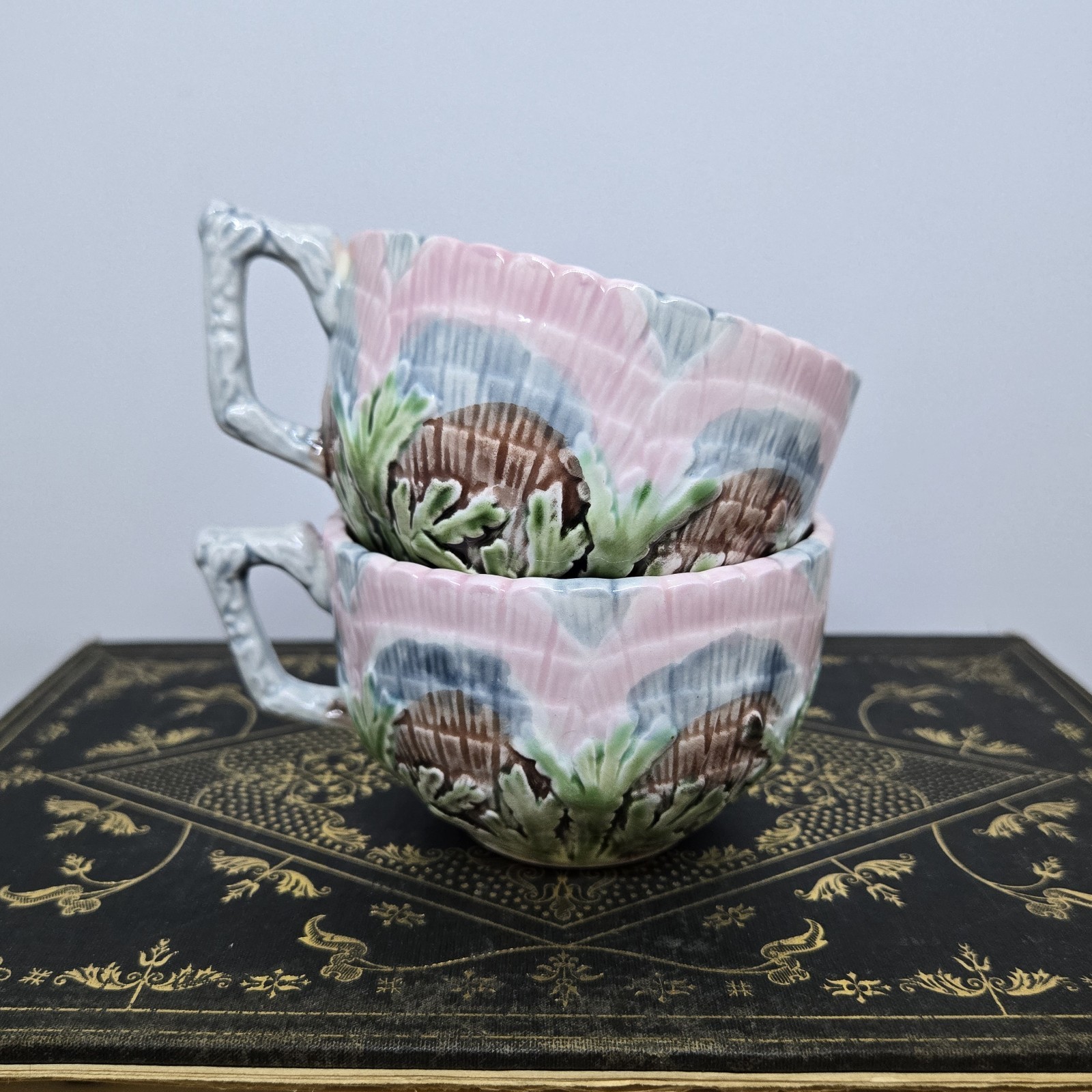 HTF Pair of French Barbotine (Majolica) Shell & Seaweed Etruchan Tea Cups- 1885 HTF Pair of French Barbotine (Majolica) Shell & Seaweed Etruchan Tea Cups- 1885