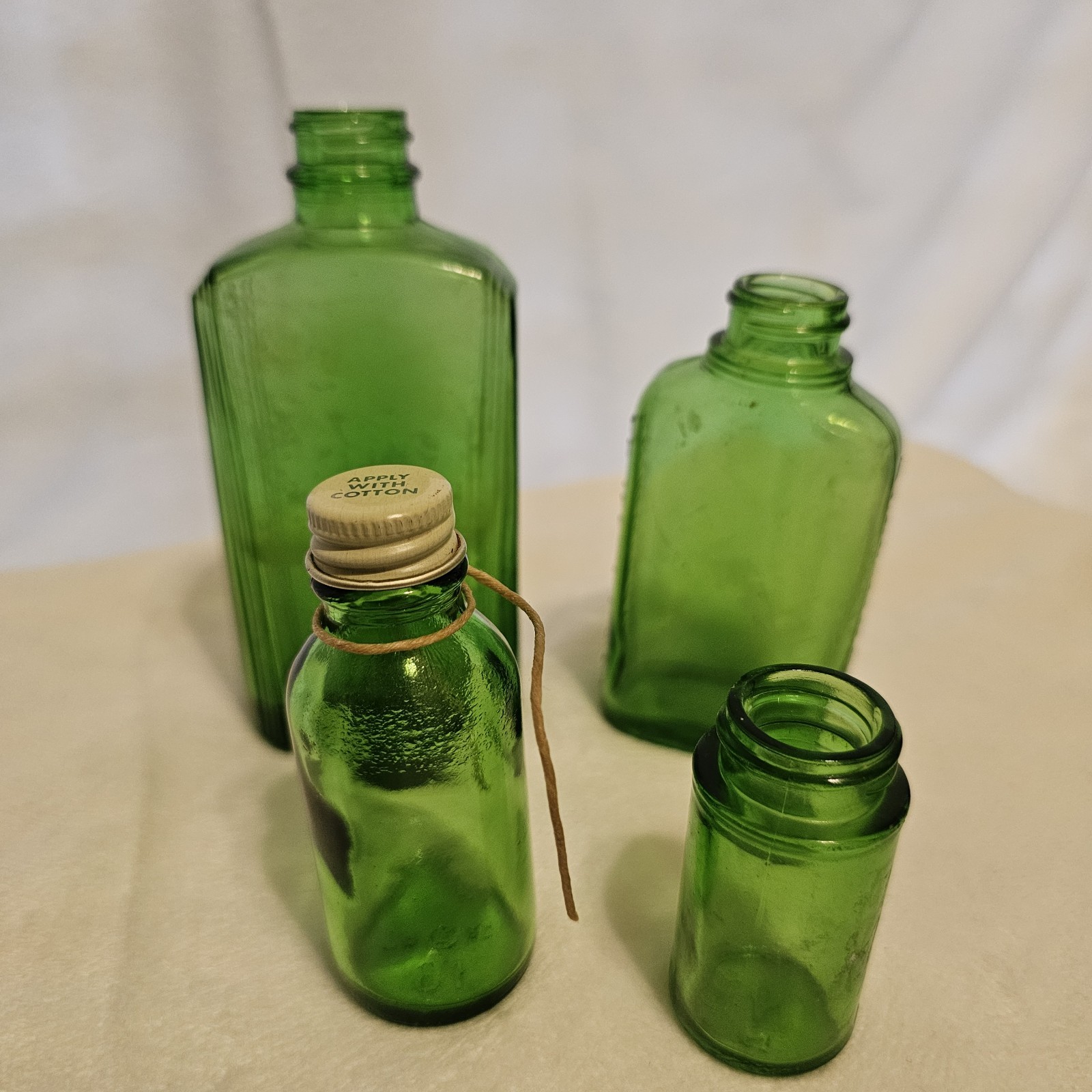Lot Of 4 Vintage Green Glass Medicine Bottles All Have Markings On Bottom MCM Lot Of 4 Vintage Green Glass Medicine Bottles All Have Markings On Bottom MCM