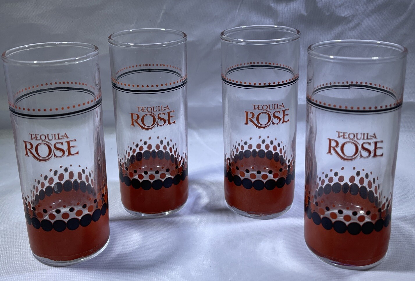 Set 4 Tequila Rose Tall Shooter Shot Glasses Black & Red Circle Polka-Dot Design Set 4 Tequila Rose Tall Shooter Shot Glasses Black & Red Circle Polka-Dot Design