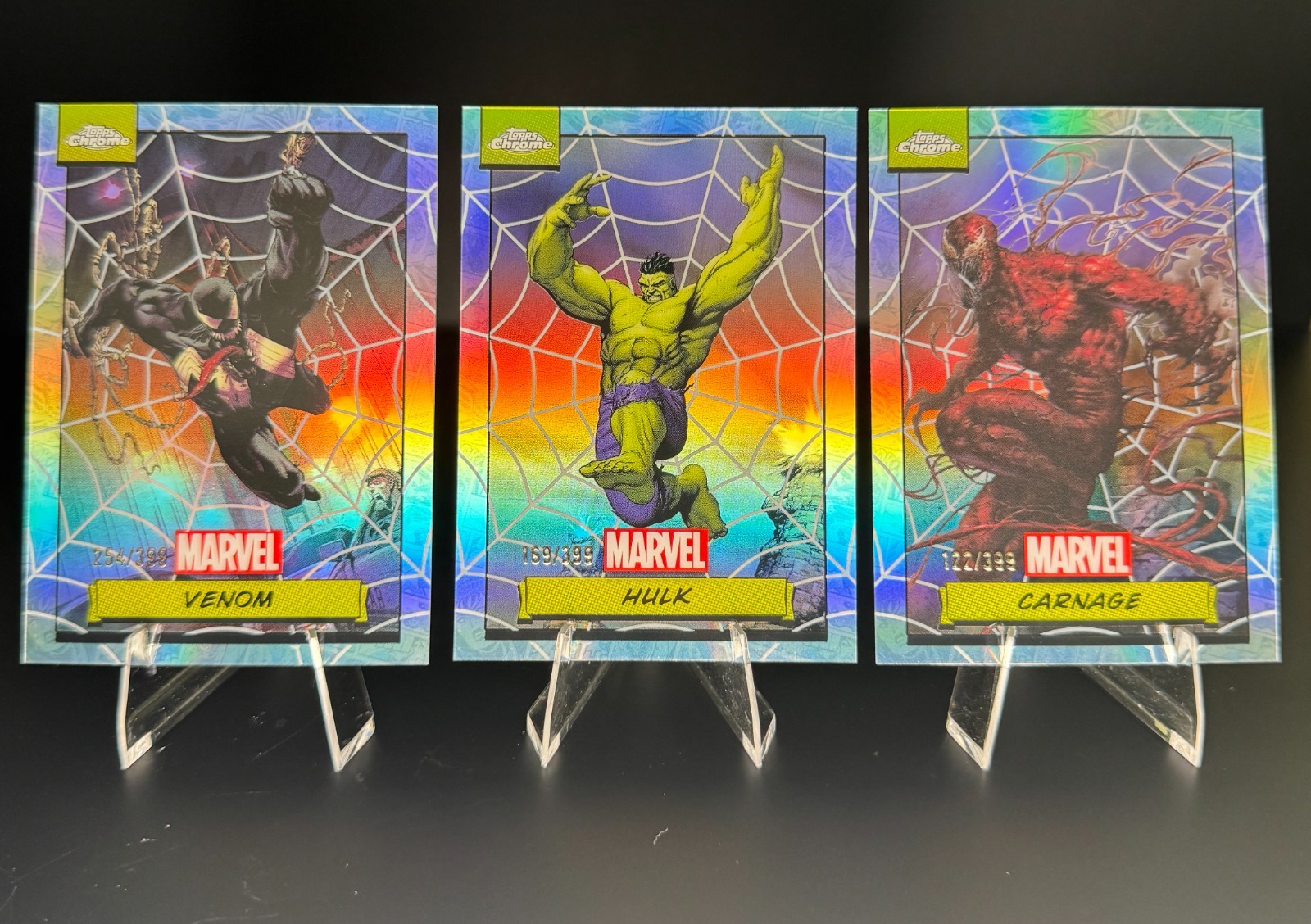 2024 Topps Chrome Marvel Venom Hulk Carnage /399 Spider-Web Refractor 3 Card Lot 2024 Topps Chrome Marvel Venom Hulk Carnage /399 Spider-Web Refractor 3 Card Lot