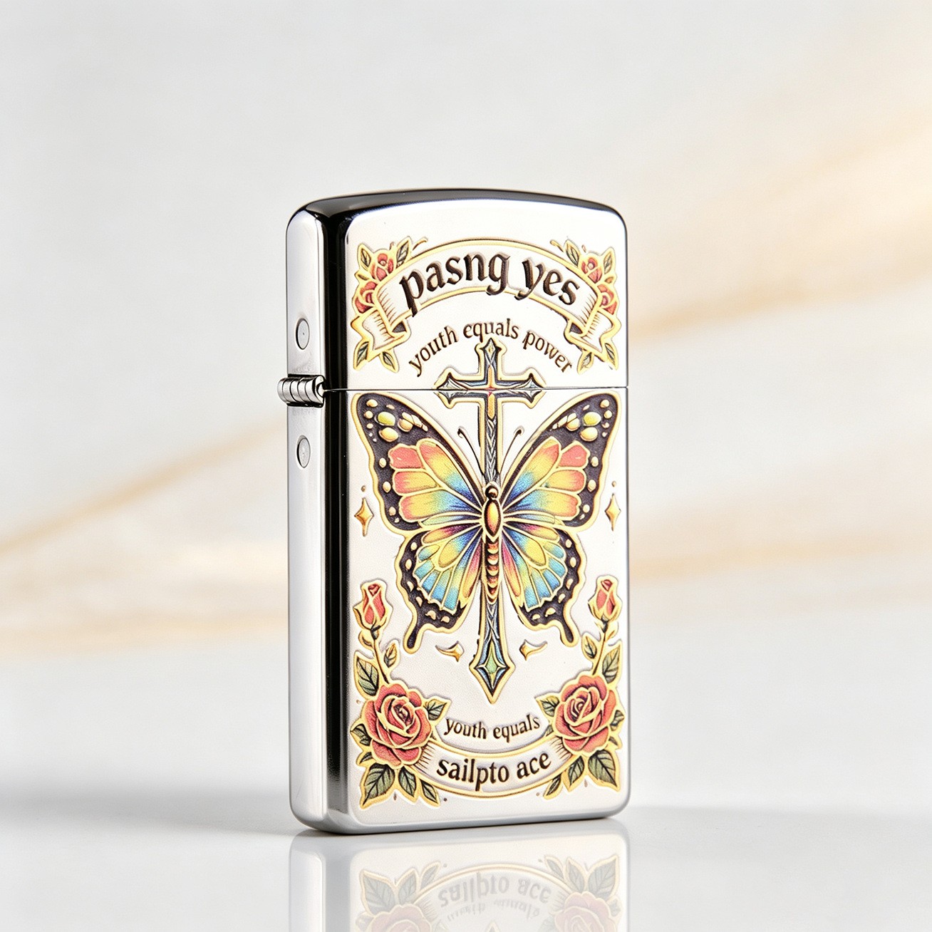 ZORRO Brass Kerosene Lighter, Ladies Size Gilt Magic Butterfly Relief Engraving
