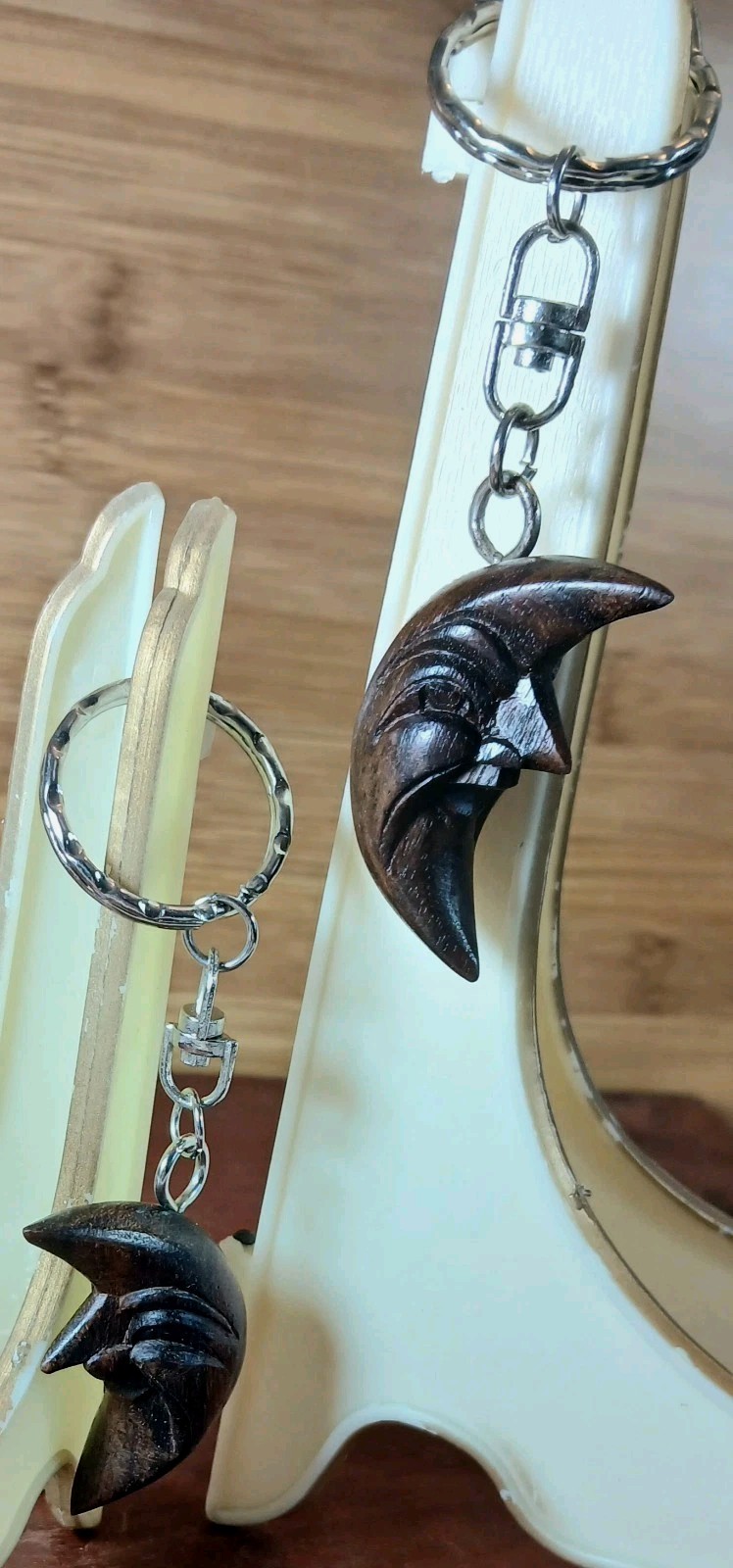 Vtg Half Moon With Face Wooden Key Chain - Set of 2