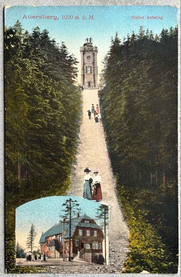 Postcard Auersberg steep climb, Auersberghaus hut stamp, used 1913