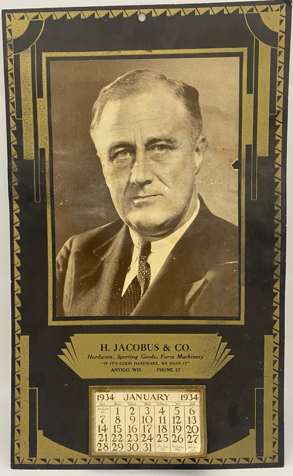 1934 FDR Franklin D Roosevelt Calendar H Jacobus Antigo WI Advertising
