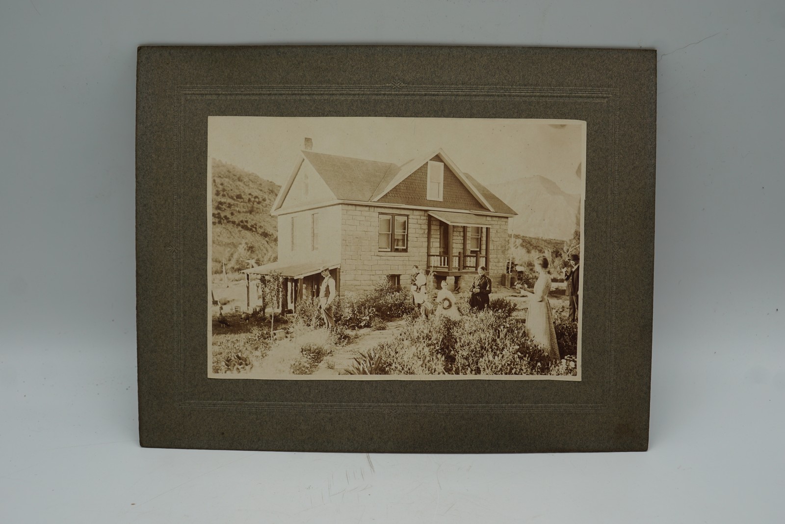 Antique 1890s-1910s Sepia Photograph Stone House Family Mountains Mounted 8x10 Antique 1890s-1910s Sepia Photograph Stone House Family Mountains Mounted 8x10