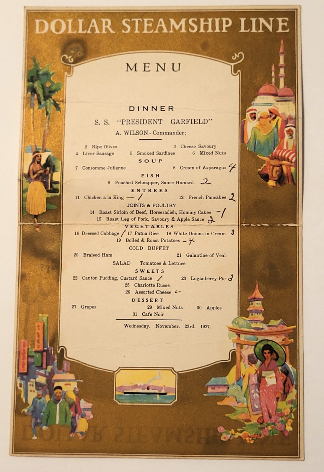 Menu DOLLAR STEAMSHIP LINE DINNER 1927 SS President Wilson Mailer railcar menu