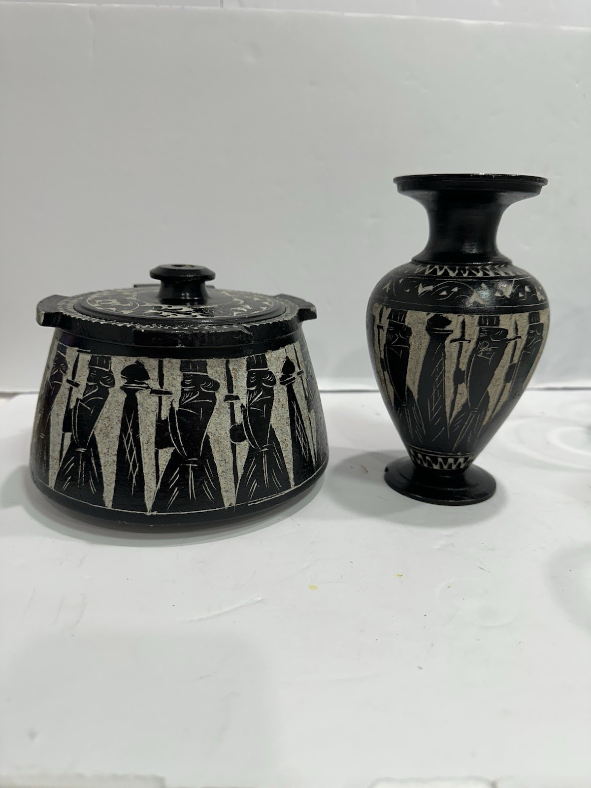 Vintage 1964 Persian Hand Carved Sandstone Set Pyxis Lidded Jar & Vase Persepoli