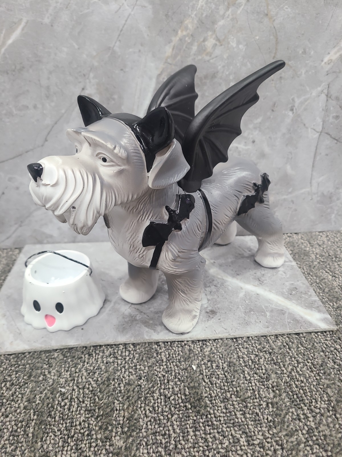 Bat Schnauzer Dog w/ Ghost Bucket in Halloween Costume Figure Statue Decor New