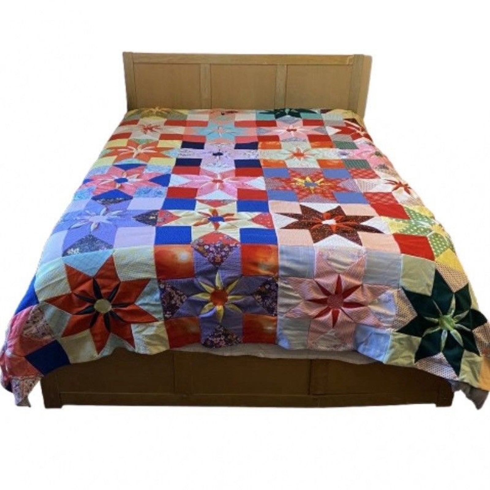 Vtg 70s Polyester Quilt Topper 87x87 - Hand Stitched Star Flower Dahlia Retro Vtg 70s Polyester Quilt Topper 87x87 - Hand Stitched Star Flower Dahlia Retro