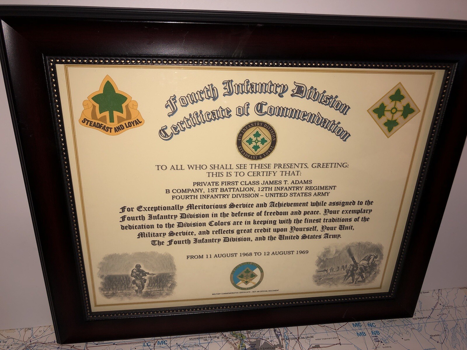 4TH INFANTRY DIVISION / COMMEMORATIVE - CERTIFICATE OF COMMENDATION
