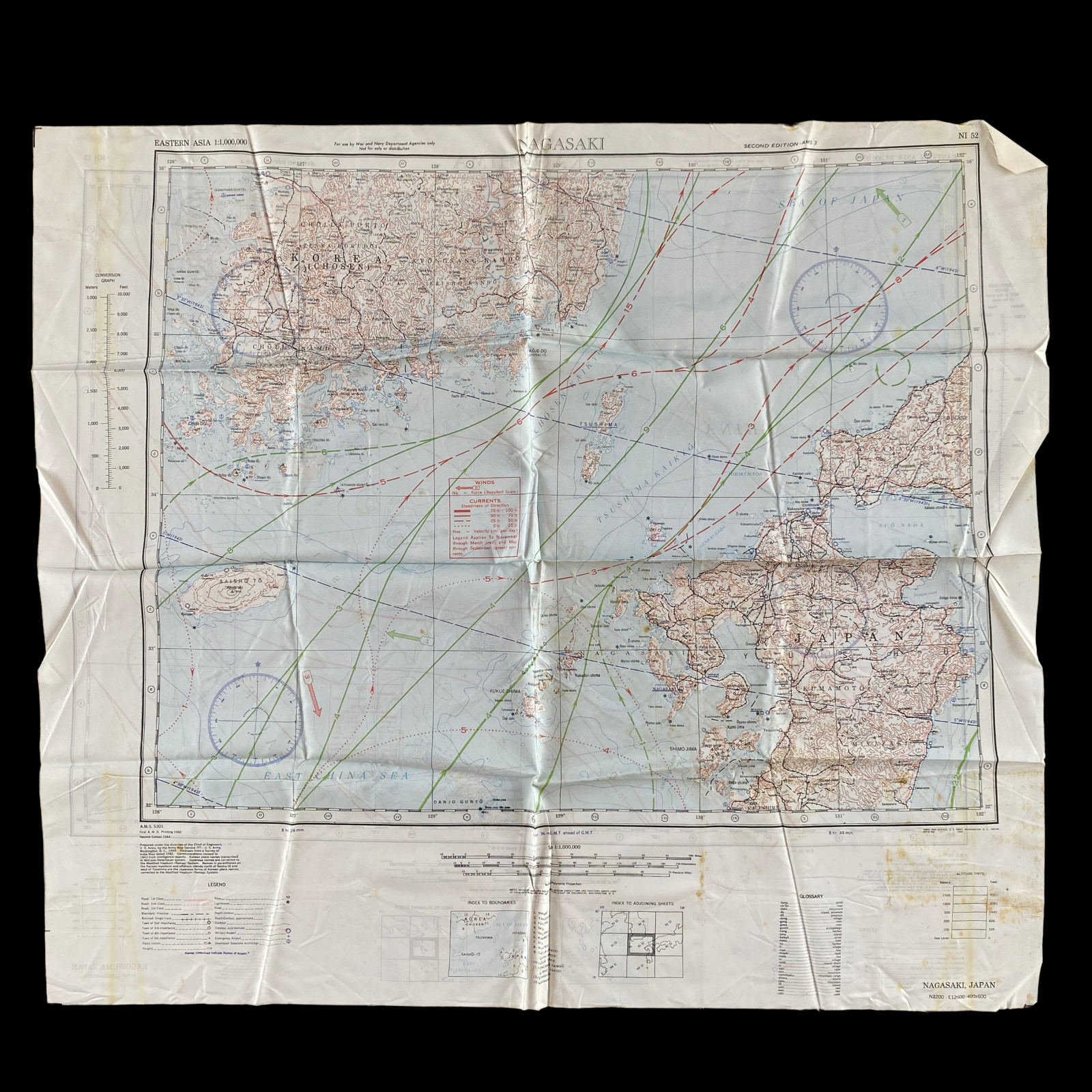 Original 1944 WWII Nagasaki Atomic Bomb Silk Bail Out Navigation Map
