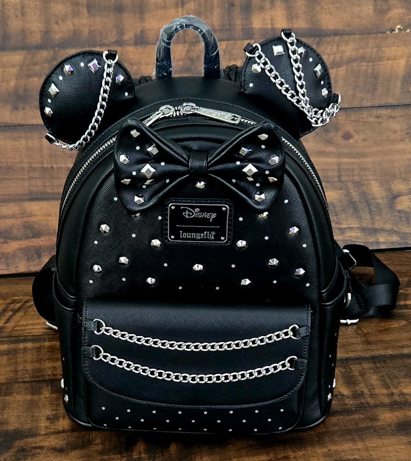 Loungefly Rare Disney Studded Chains Minnie Mouse Bow Black Mini Backpack 2026
