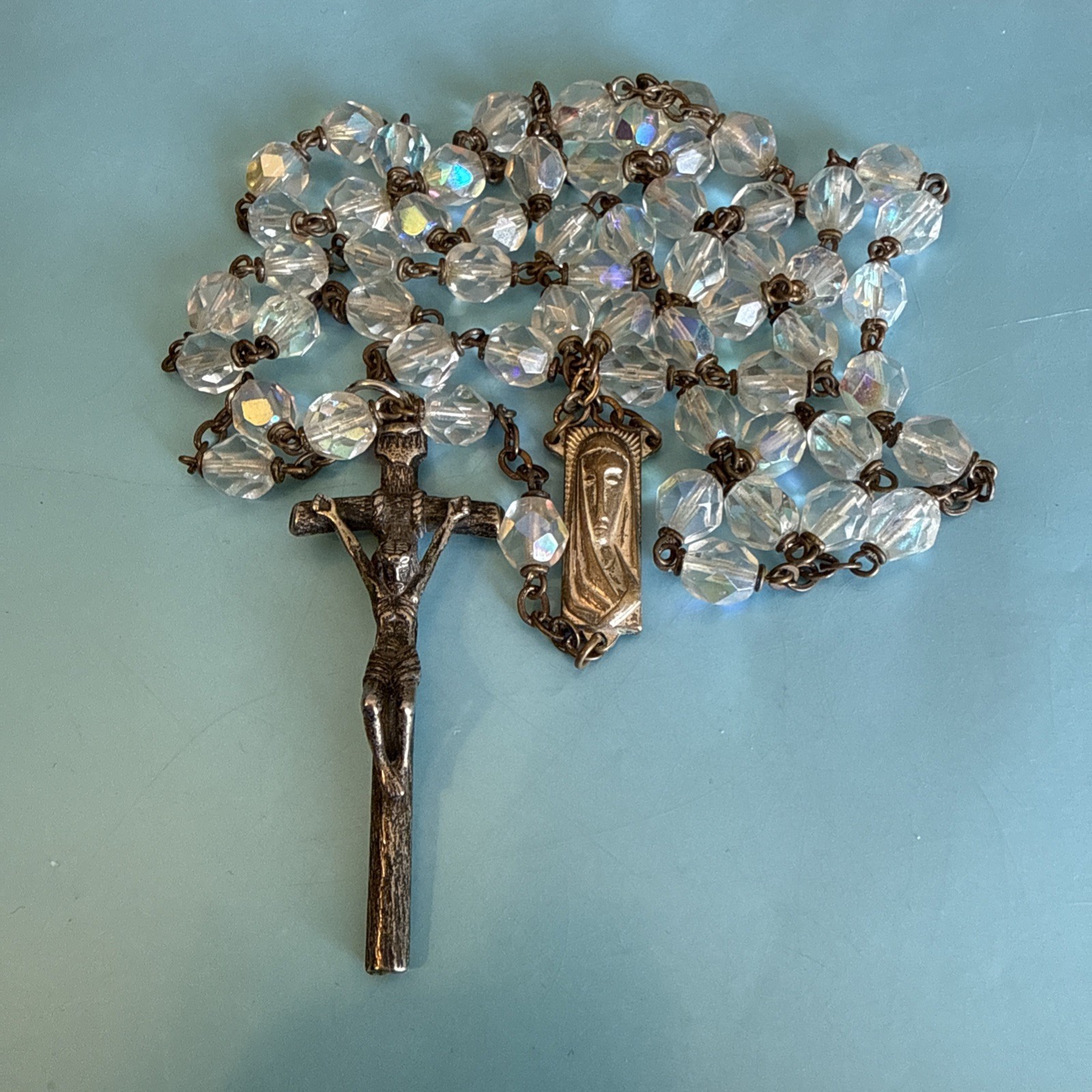 Vintage Italian Clear Faceted Aurora Borealis Crystal Beads Cross Rosary Italy