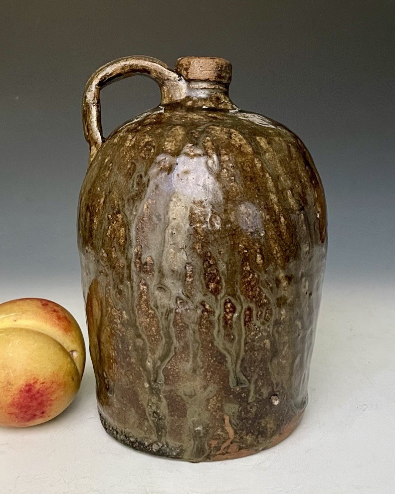 Antique Southern Folk Pottery 9in Whiskey Jug w/ Alkaline Glaze, NC SC GA, 19thC