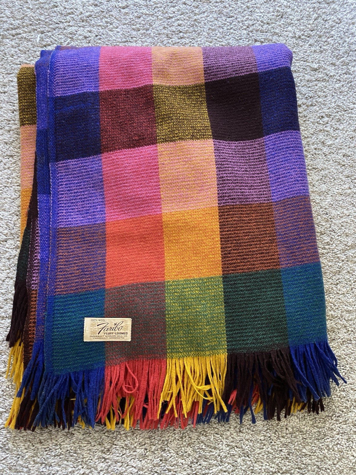 Vtg Faribo Loomed 100% Wool Throw Blanket Purple Red Blue Yellow Plaid Fringe