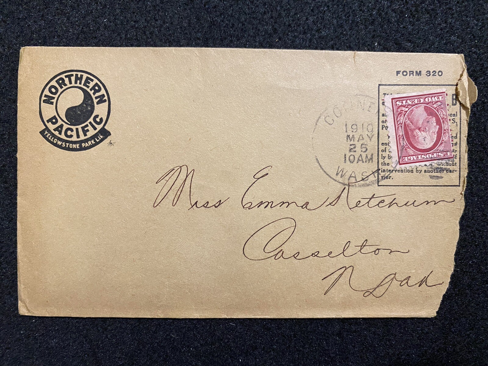 Connell Washington WA 1910 Northern Pacific Railroad Letter Cover Franklin Co.