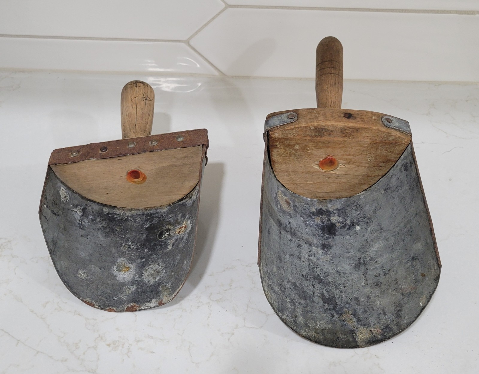 2 Antique Wood Handle & Metal Grain-Farmhouse Use Scoops