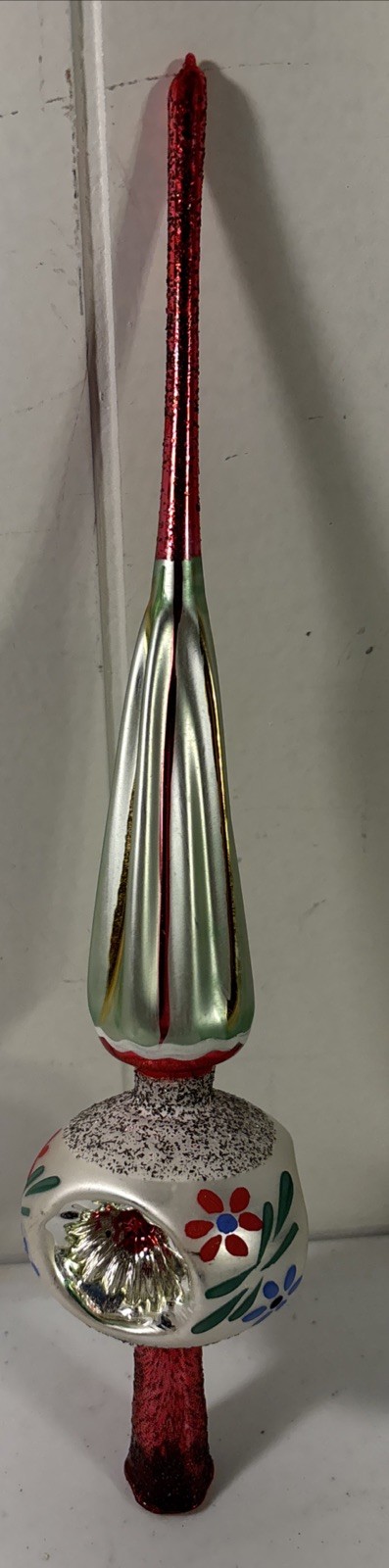 Vintage handblown Glass Finial TREE TOPPER Christmas green Red floral 11\