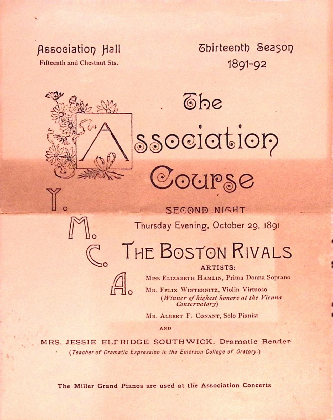 1891 YMCA Program The Boston Rivals Concert Association Course Philadelphia PA