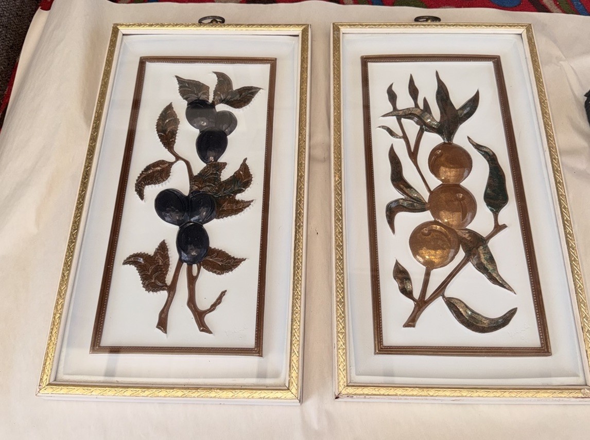 Pair Vintage TMC Chicago Metallic Fruit Wall Art MCM Framed Shadowbox Plaques