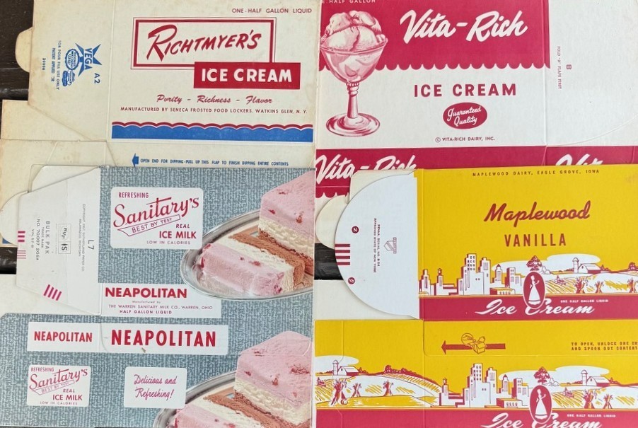 Vintage Lot of Four Half Gallon Ice Cream Boxes–Superb Graphics - c-1960s \
