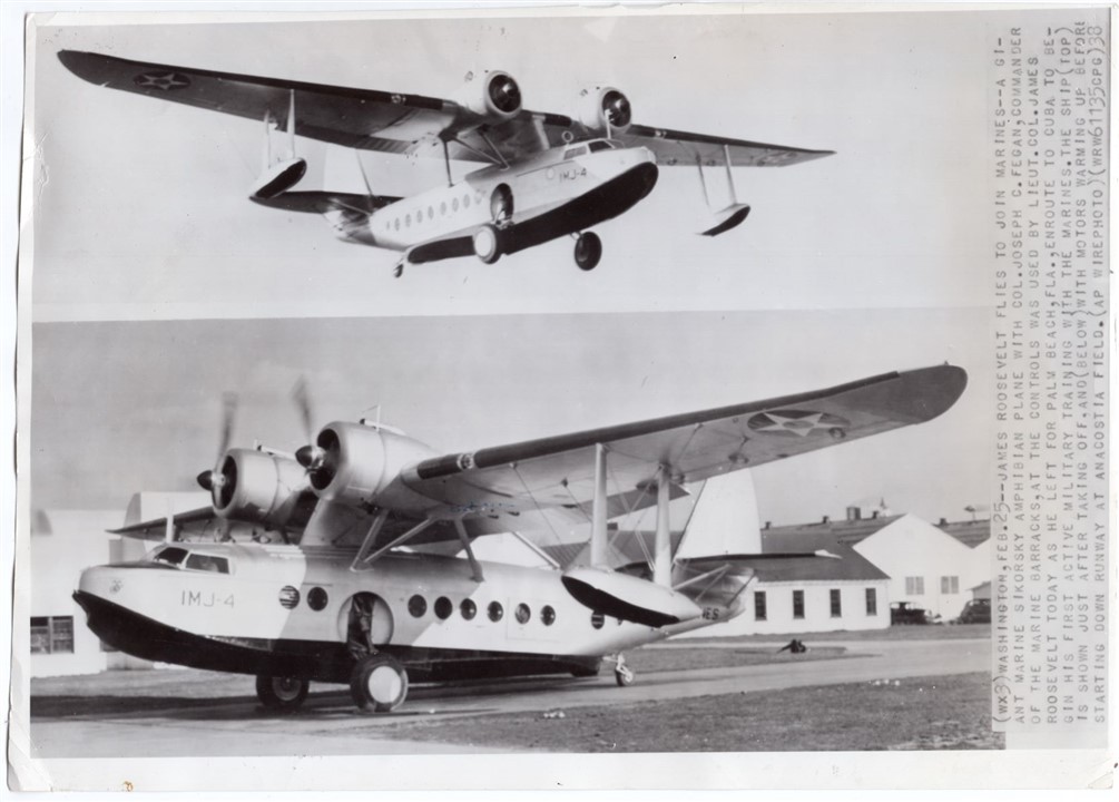 1938 USMC Sikorsky S-43 Amphibian Flying Col. James Roosevelt to Cuba Wirephoto