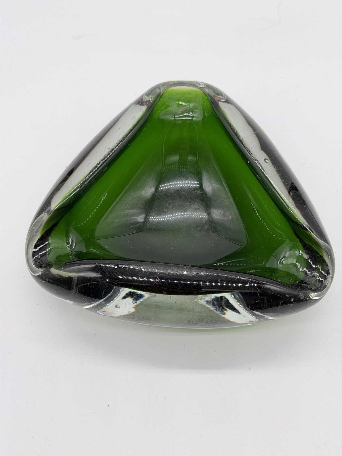 Vintage Mid-Century Modern Olive Green Heavy Art Glass Ashtray Bowl 6\ Vintage Mid-Century Modern Olive Green Heavy Art Glass Ashtray Bowl 6\