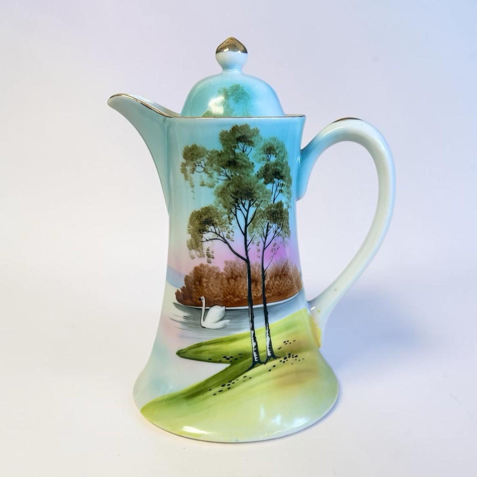 Vintage Hand painted Fine Bone Porcelain Coffee Teapot And 6 Demitasse Cups Vintage Hand painted Fine Bone Porcelain Coffee Teapot And 6 Demitasse Cups