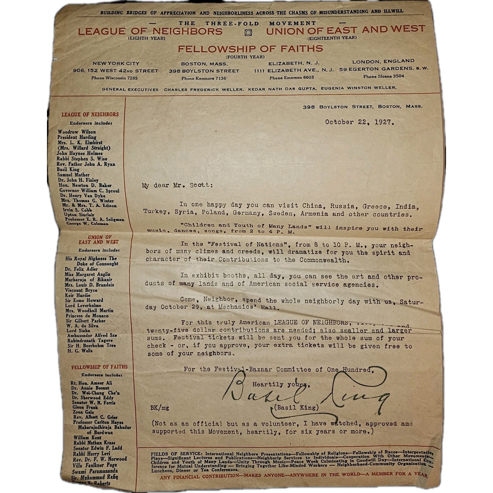 1927 Basil King Signed Letter – League of Neighbors, Fellowship of Faiths, Union