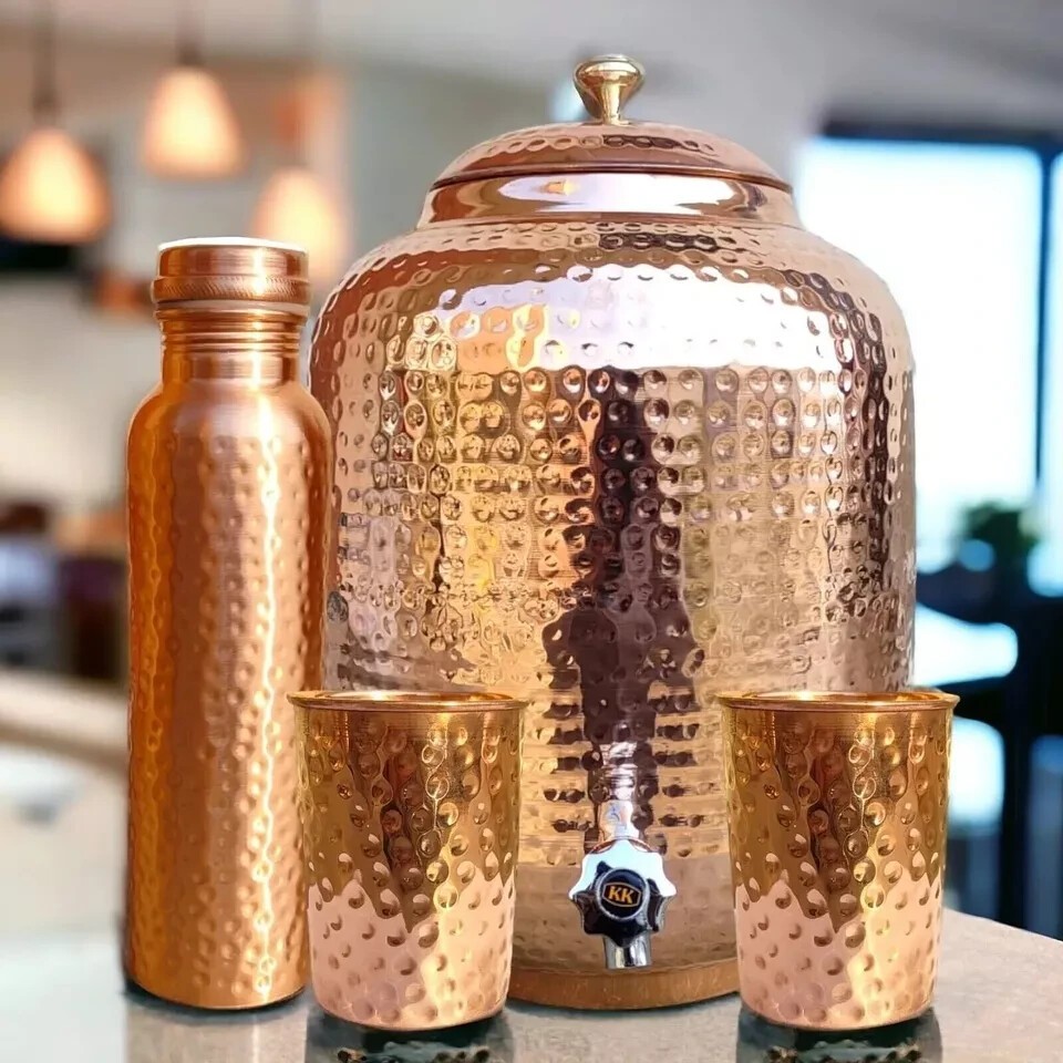 Handmade 100% Pure Copper Dispenser Water Pitcher Pot 4L 2 Glass 1 Bottle