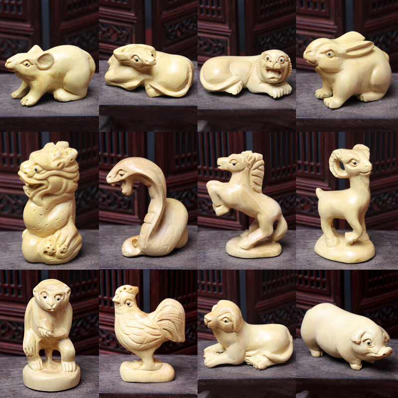 12 Pcs Boxwood Carved Chinese Zodiac Year Netsuke Figurines Statues Animals Gift 12 Pcs Boxwood Carved Chinese Zodiac Year Netsuke Figurines Statues Animals Gift