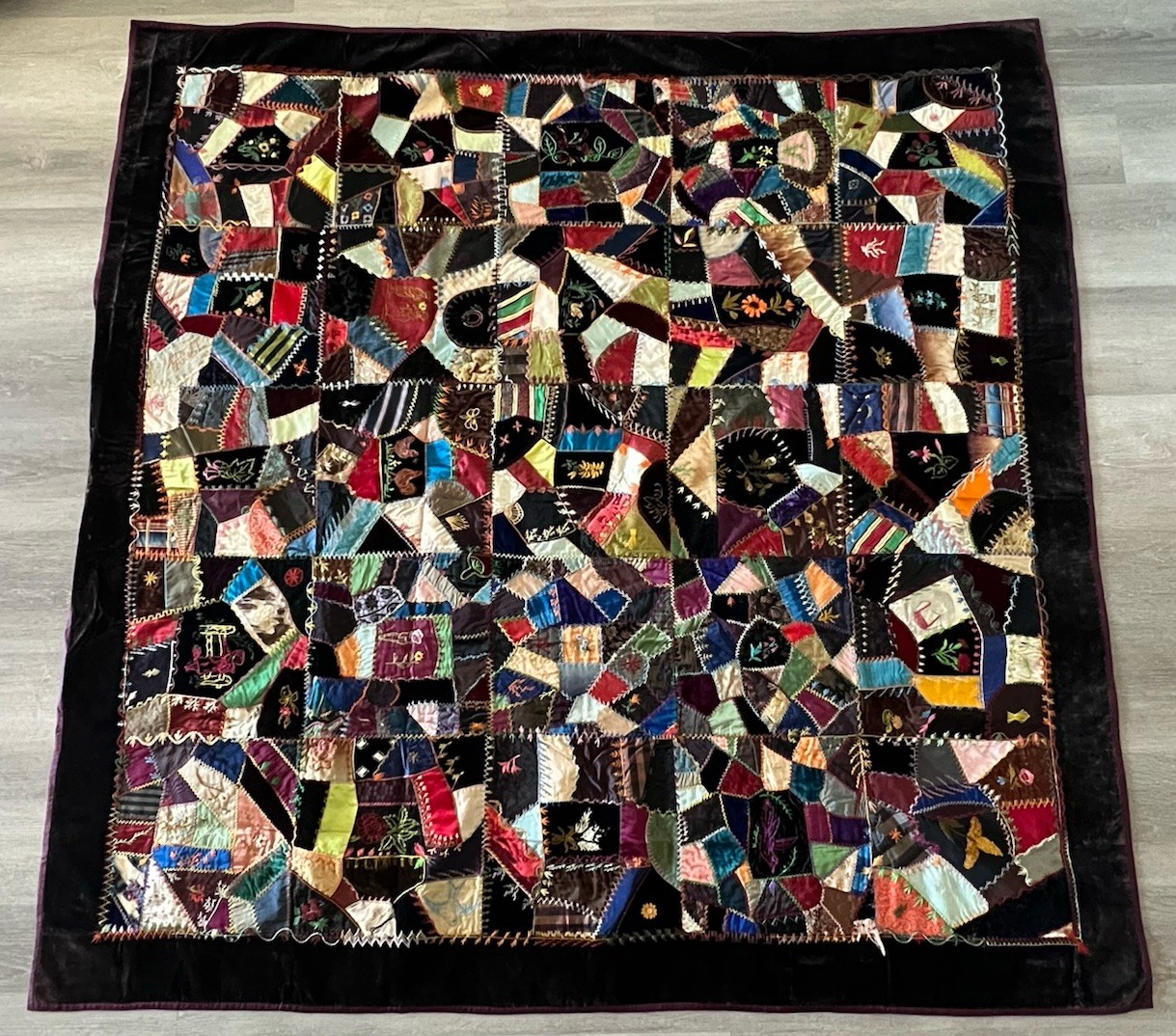 Antique Hand-Stitched Crazy Quilt Dated 1854 -62x61” Antique Hand-Stitched Crazy Quilt Dated 1854 -62x61”