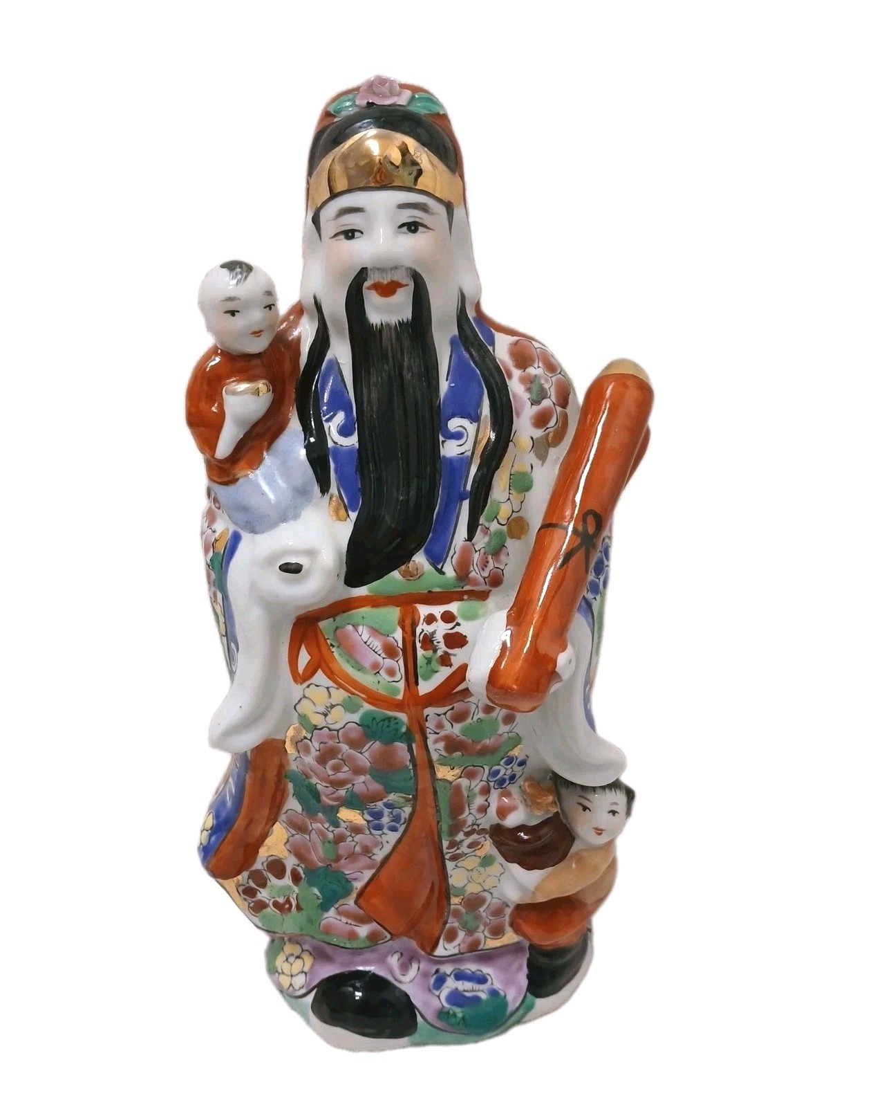 Qing Dynasty Asian Cai Shen Figurine Chinese Emperor w Children Hand Painted VNT Qing Dynasty Asian Cai Shen Figurine Chinese Emperor w Children Hand Painted VNT