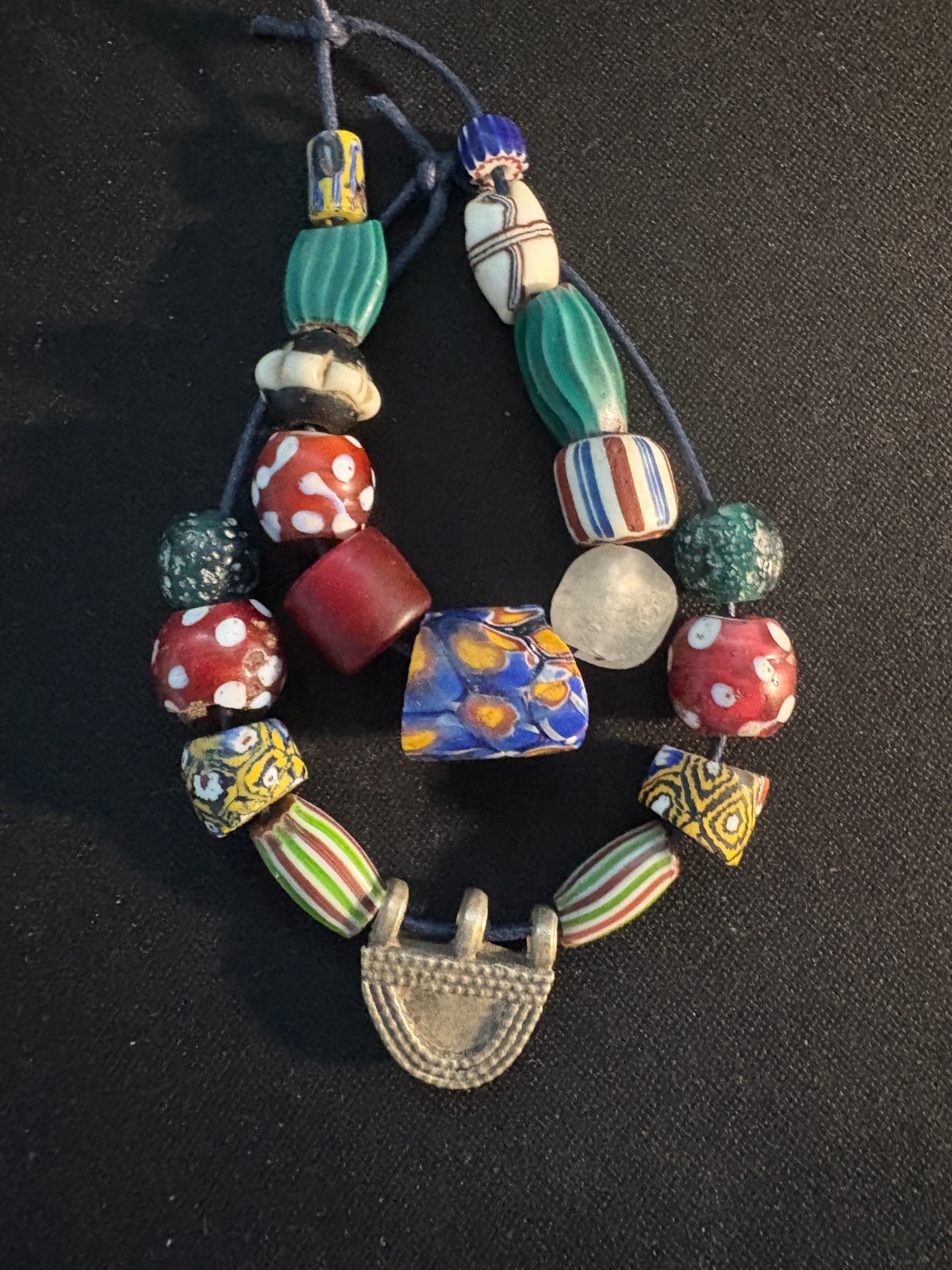Set - Antique Venetian - African Trade Beads - (B345) Ethiopian Silver talisman