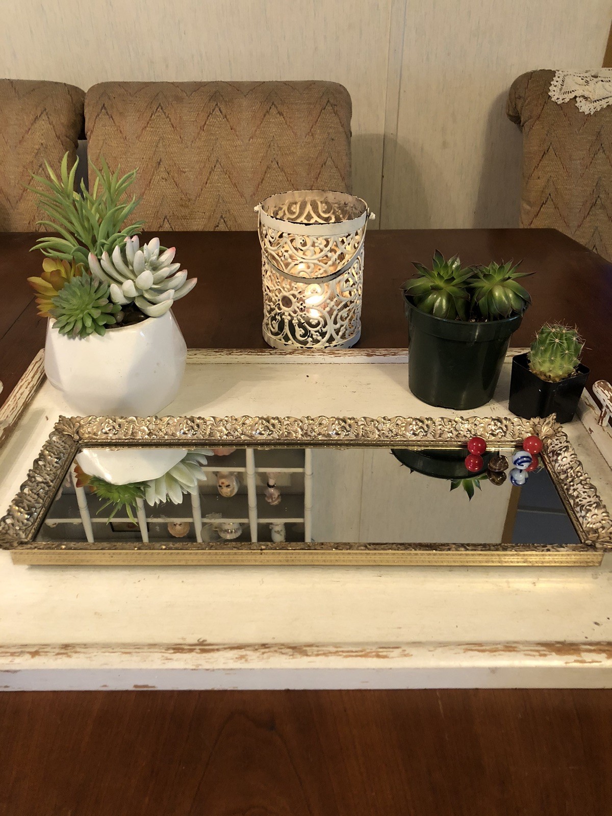 Vintage Mirror Vanity Tray Gold Tone Filigree 16” x 6” Hollywood Regency Style