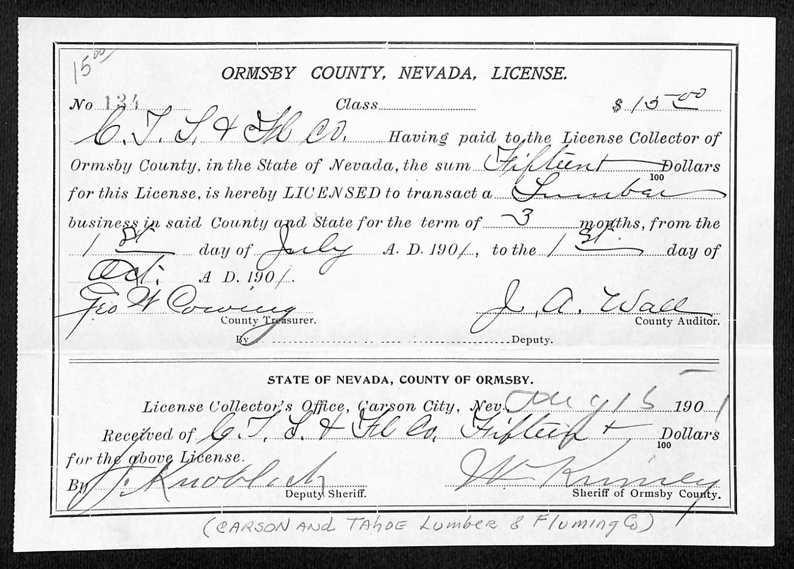 1901 Carson & Tahoe Lumber & Fluming Co Carson City, NV Business License