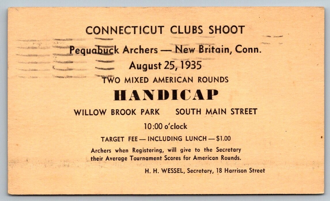 1935 New Britain Connecticut Pequabuck Archers Postal Card Postcard 1935 New Britain Connecticut Pequabuck Archers Postal Card Postcard