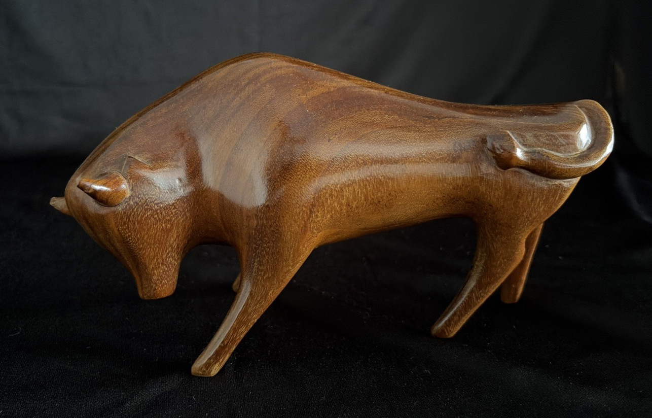 Stunning Vintage Handmade Teak Wood Bull, Retro Stylized Mid-Century Stunning Vintage Handmade Teak Wood Bull, Retro Stylized Mid-Century