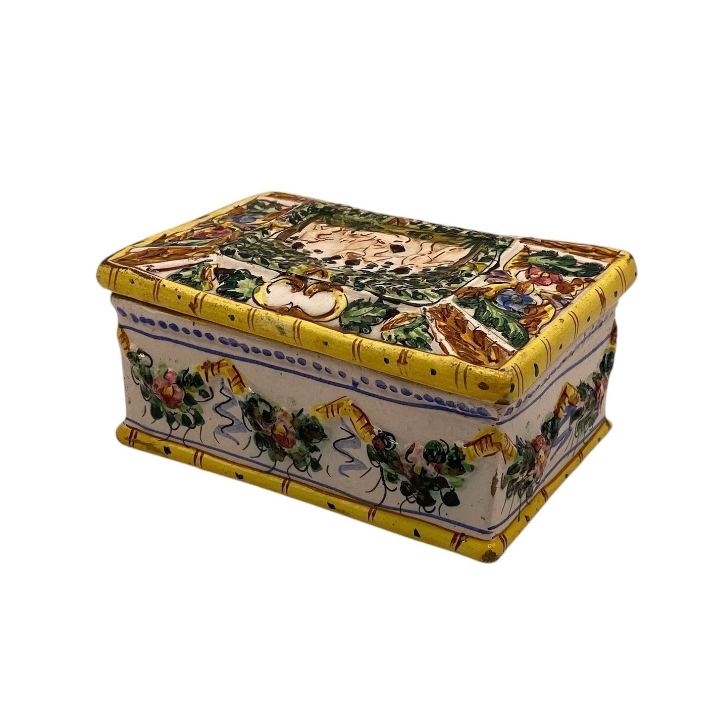 Vintage Italian Majolica Hand Painted Trinket Box Pottery Keepsake Jewelry Case