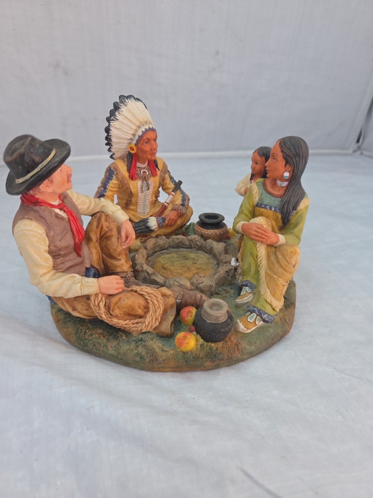 VTG Native American Chief Indian Sitting W/Coyboy Sculpture Figurine 