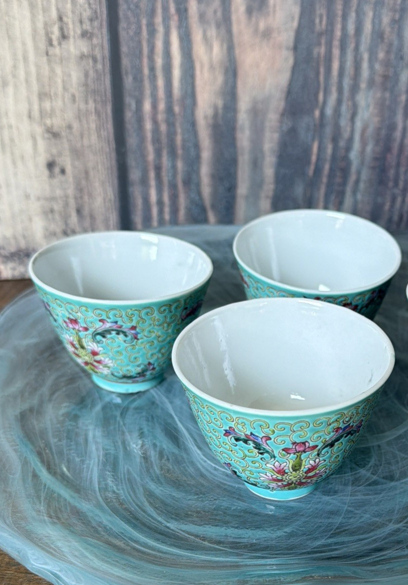 Vintage Set Of 3 Chinese Jingdezhen Famille Rose Turquoise Hand Painted Tea Cups