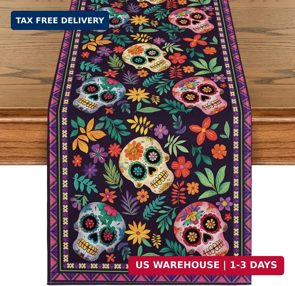 Artoid Mode Mexican Sugar Skull Dia De Los Muertos Table Runner, Day of the Dead Artoid Mode Mexican Sugar Skull Dia De Los Muertos Table Runner, Day of the Dead