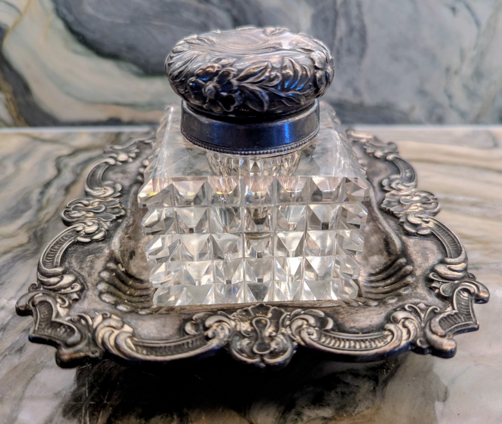Cox Silver Plate Cut Glass Inkwell Ornate Floral Footed w/ stand Antique 1915 Cox Silver Plate Cut Glass Inkwell Ornate Floral Footed w/ stand Antique 1915