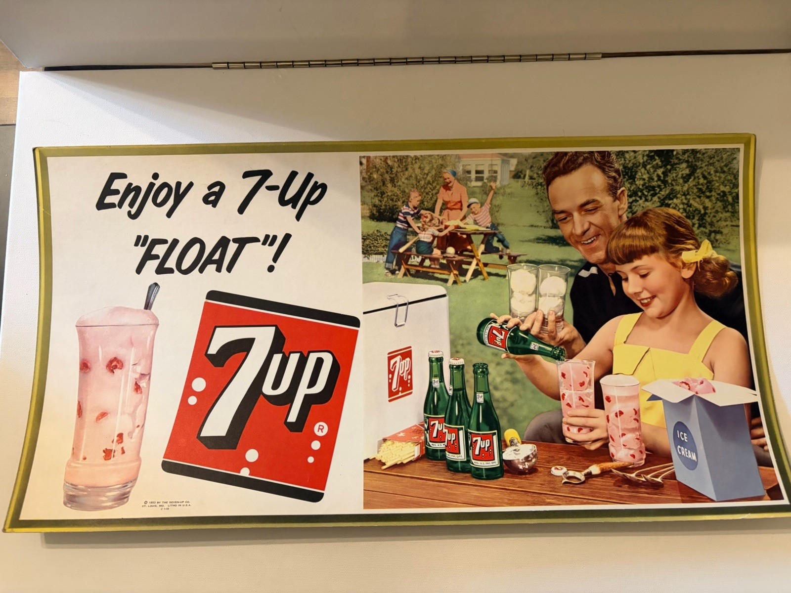 Vintage 1950s 7-Up Soda Pop Sign Enjoy A 7Up Float Cardboard Ad 21” x 11”