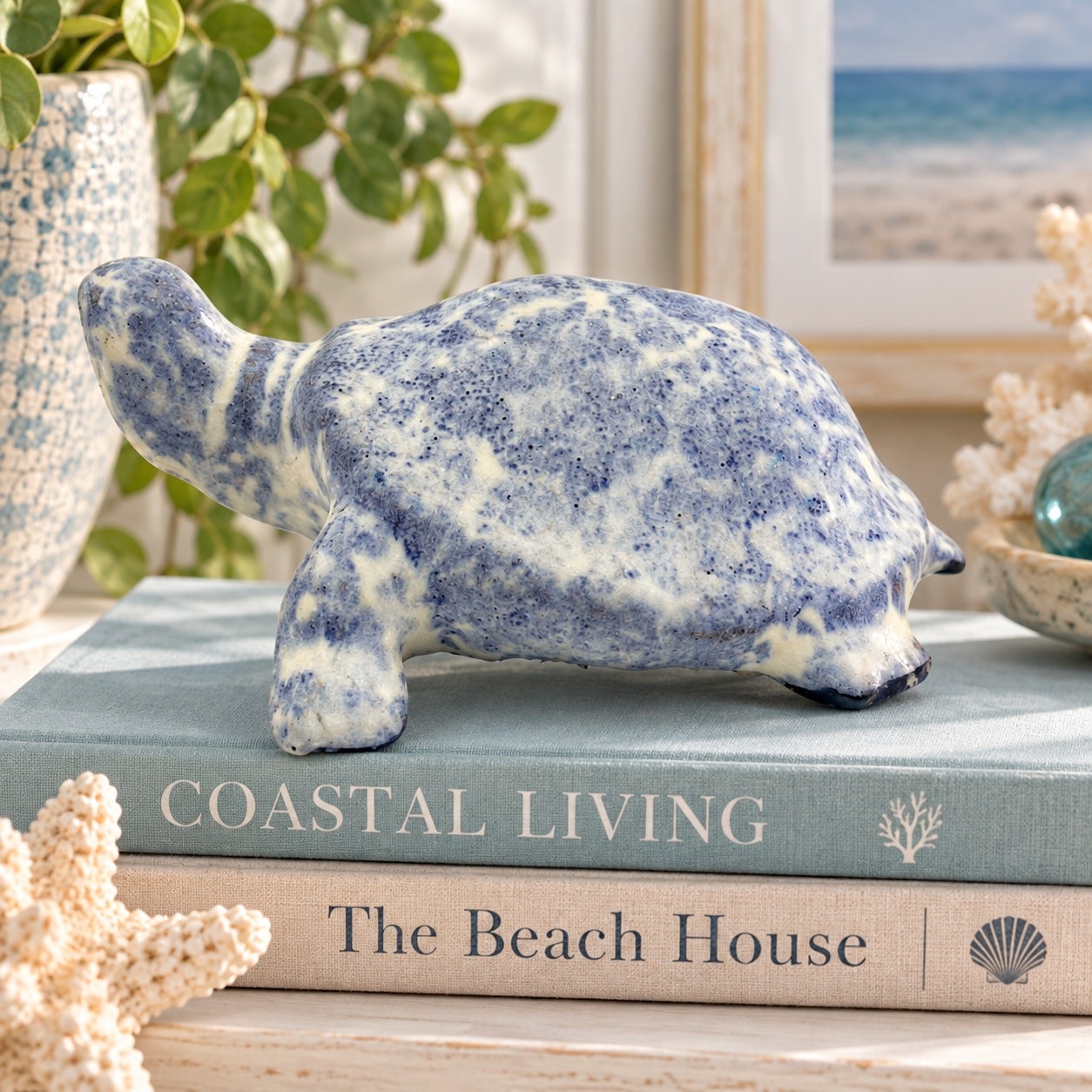 Vintage Studio Art Pottery Turtle Figurine Blue White Glazed Ceramic Signed