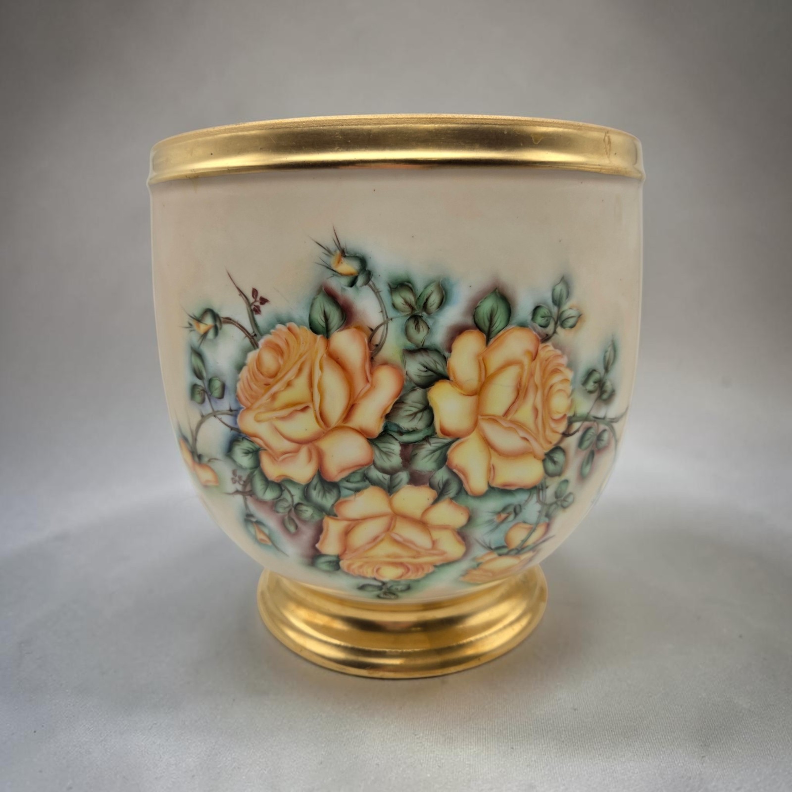Vintage Alfred Vignaud Limoges France Yellow Rose Porcelain Cache Planter Pot Vintage Alfred Vignaud Limoges France Yellow Rose Porcelain Cache Planter Pot