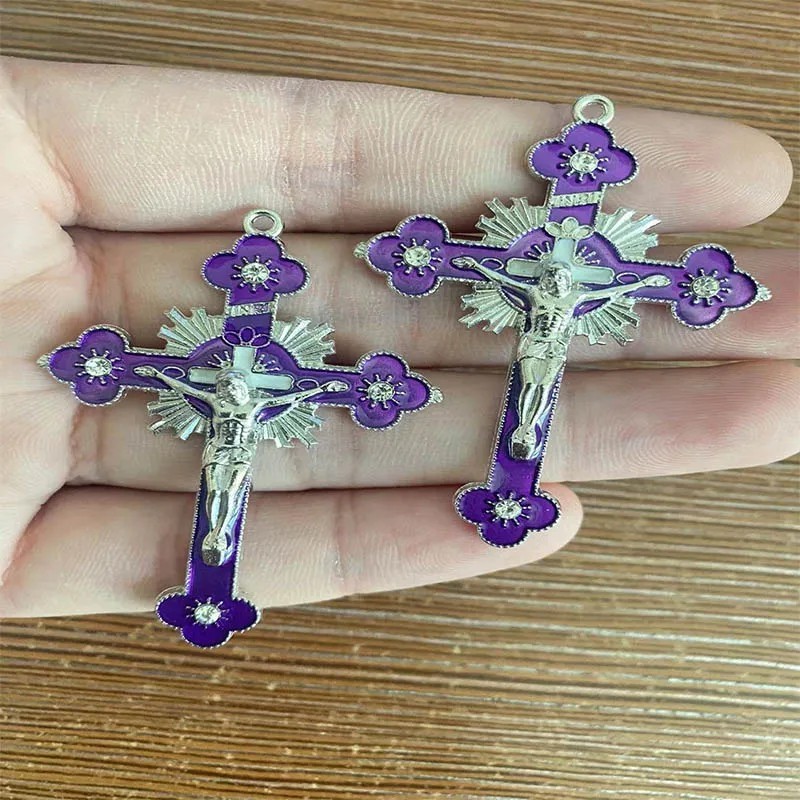 30pcs Charm Cross Pendant Purple Christian Crucifix Saint Benedict Pattern Craft