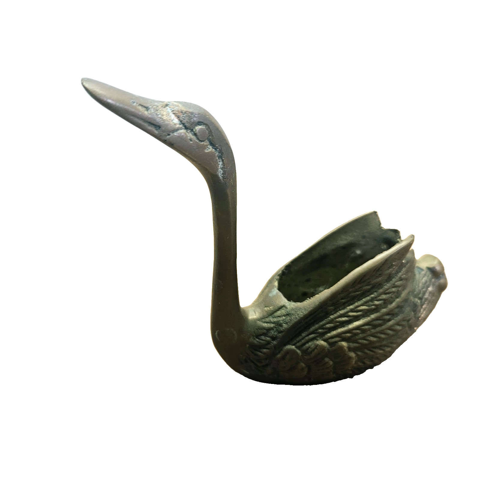 Vintage Brass Swan Planter Vase Figurine Gold Patina Textured Detail Small