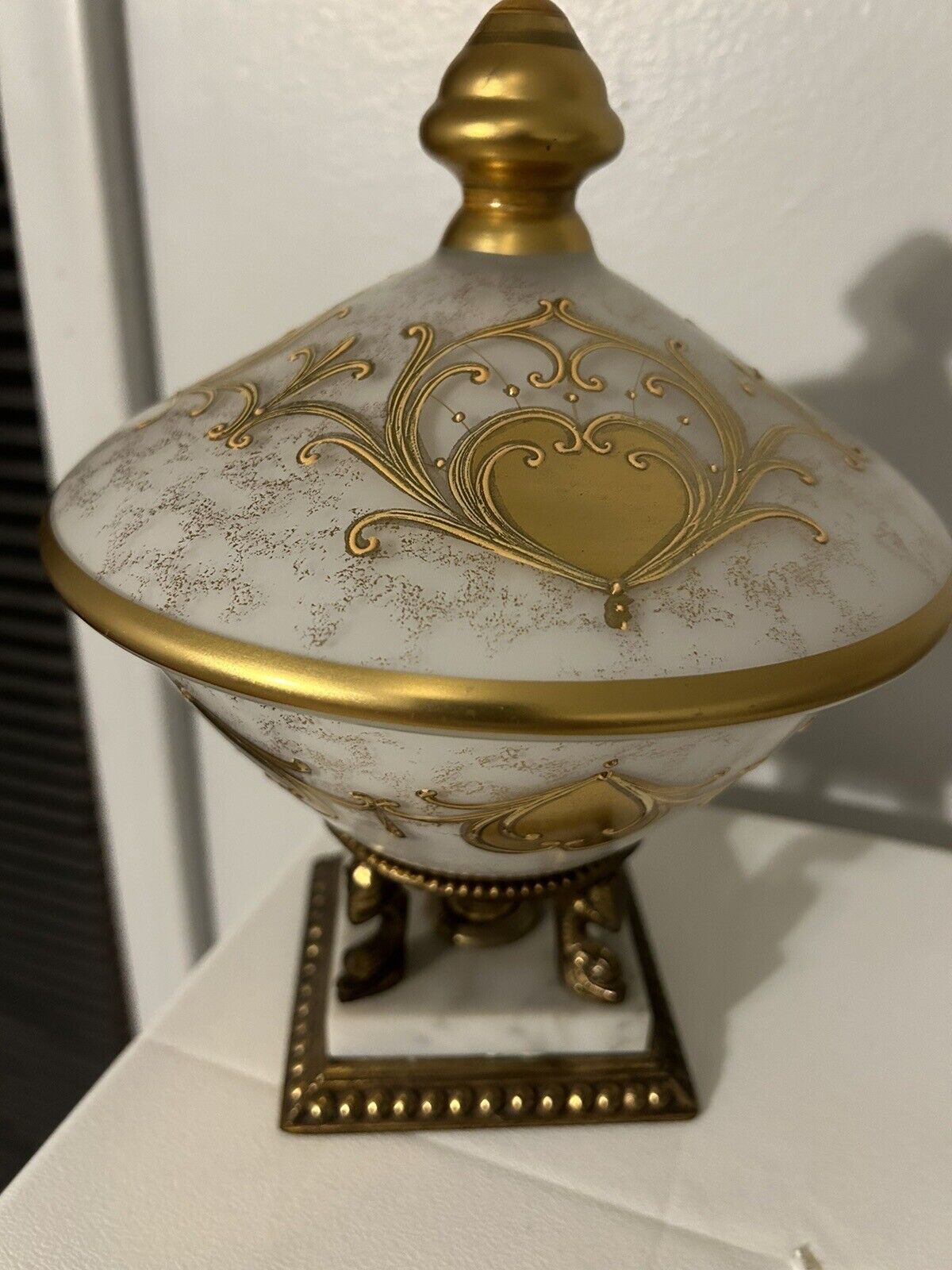 Vintage Handpainted Pedestal Lidded Bowl With Gold Hearts